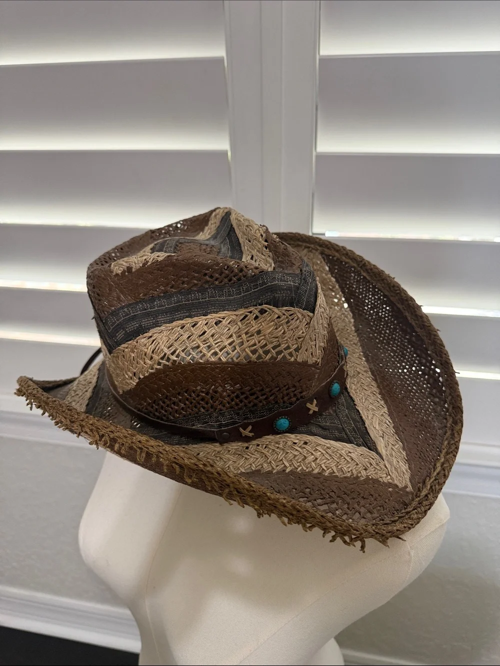 Brown Straw Cowboy Hat with Turquoise Accents